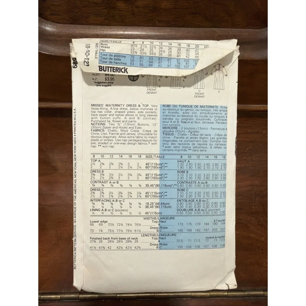 Vintage Butterick Sewing Pattern 6894 Sizes 8, 10, 12